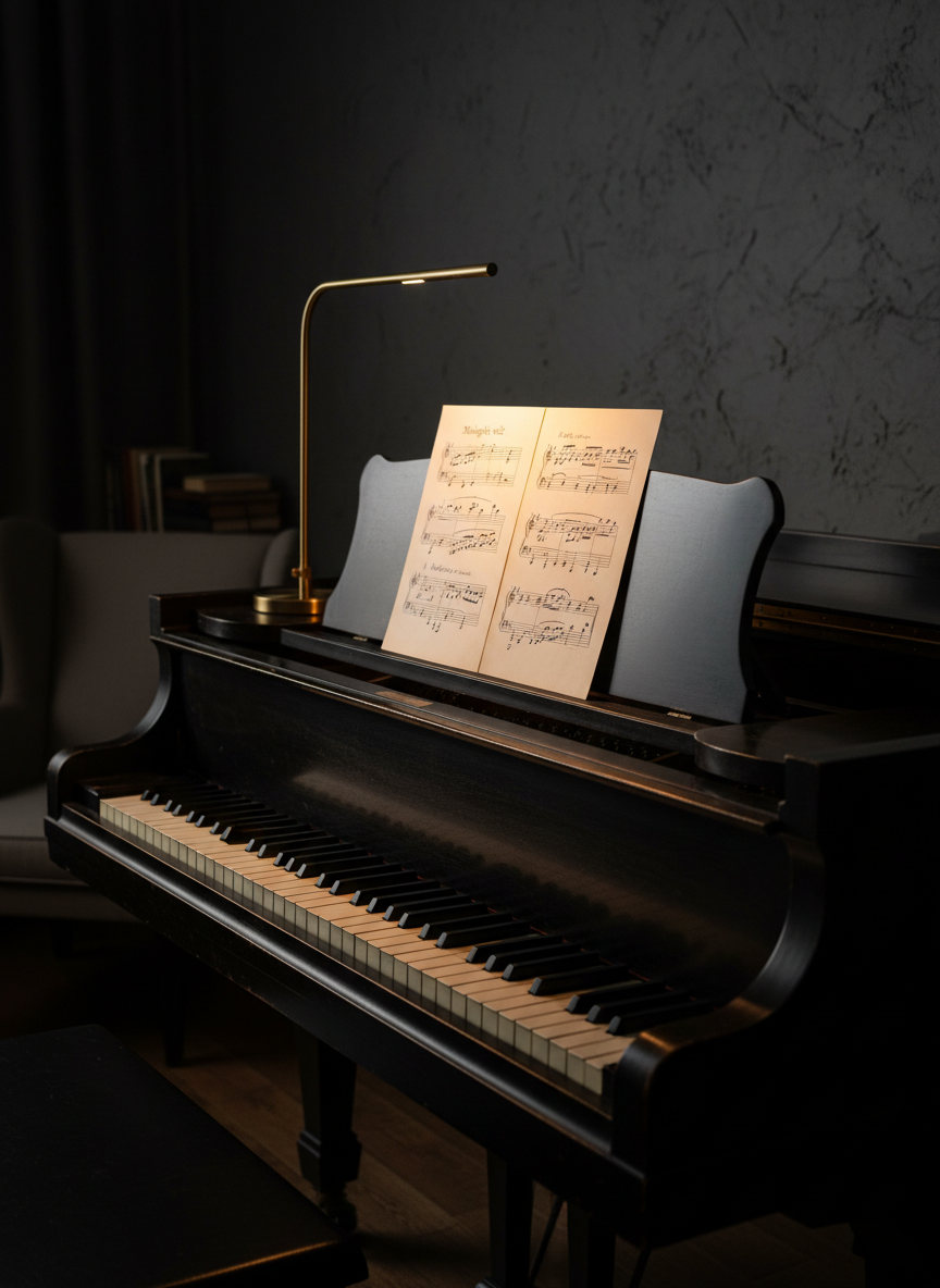 An upright piano in rich ebony wood stands against a textured charcoal wall, its fallboard open to reveal ivory and ebony keys with subtle wear on the most played notes. On the music stand, cream-colored manuscript paper is filled with carefully notated melody and handwritten poetic lines in the margins. A single slim desk lamp with a brass stem casts warm, focused light over the sheets, leaving the rest of the room in gentle shadow. The polished surface of the piano subtly reflects the notation. Shot from a three-quarter angle in photographic realism, with a calm, refined mood that suggests late-night, sophisticated composition.