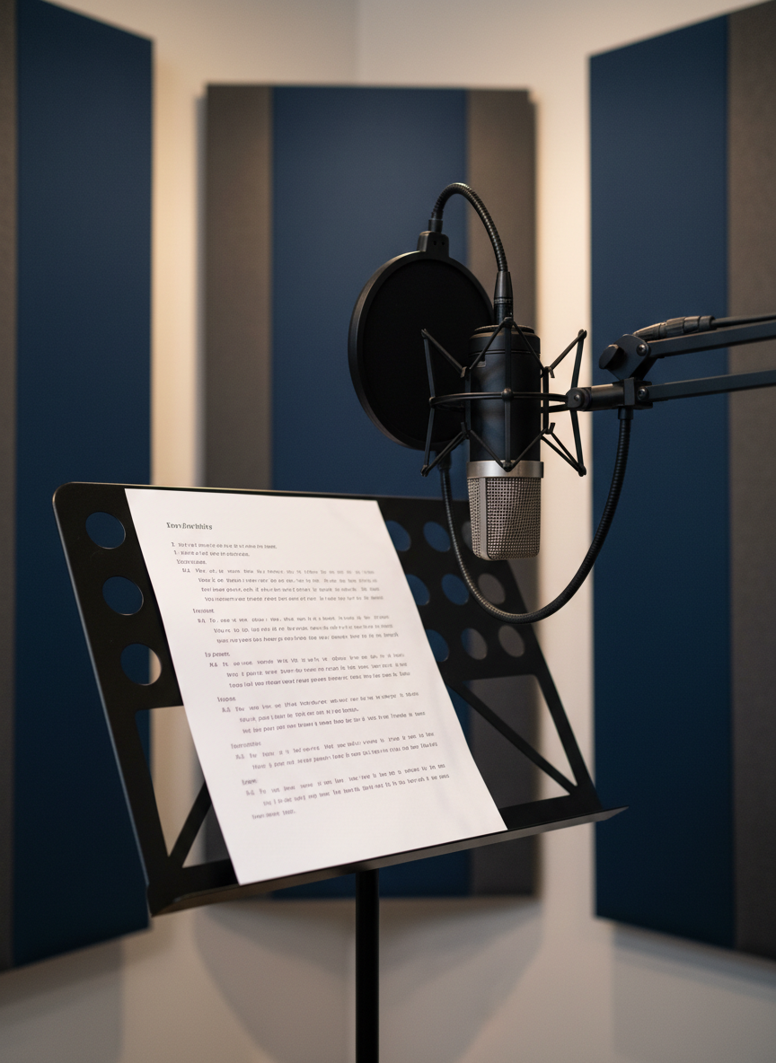 A close-up of a refined home recording corner: a matte-black condenser microphone suspended in a shock mount, positioned in front of a sturdy music stand holding printed lyrics on crisp white paper. Behind, vertical acoustic panels in deep navy and charcoal create a rhythmic visual backdrop. Warm, directional studio lighting creates subtle highlights on the microphone’s metal grille and gentle gradients across the panels, adding depth without harsh contrast. Captured from a slightly low angle in photographic realism, with a shallow depth of field that keeps the lyrics legible while softening the background, evoking a polished, sophisticated space where poems are transformed into songs.