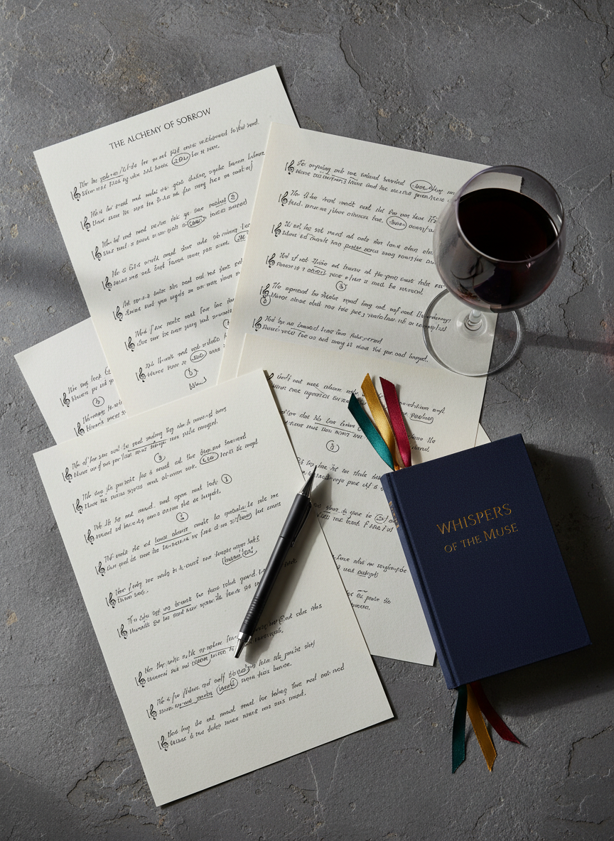 A still life of scattered lyric drafts on thick, off-white paper spread across a slate-gray stone tabletop, each page bearing neatly written stanzas, crossed-out rhymes, and circled phrases. A sleek, matte-black mechanical pencil lies beside a slim hardcover poetry collection marked with silk ribbon bookmarks. A glass of dark red wine sits to the side, catching soft, diffused evening light from a nearby window, its reflections flickering across the table’s surface. Photographic realism, overhead shot with carefully arranged asymmetry, gentle shadows, and a subdued, elegant color palette, conveying a sophisticated, introspective atmosphere of revision and refinement.