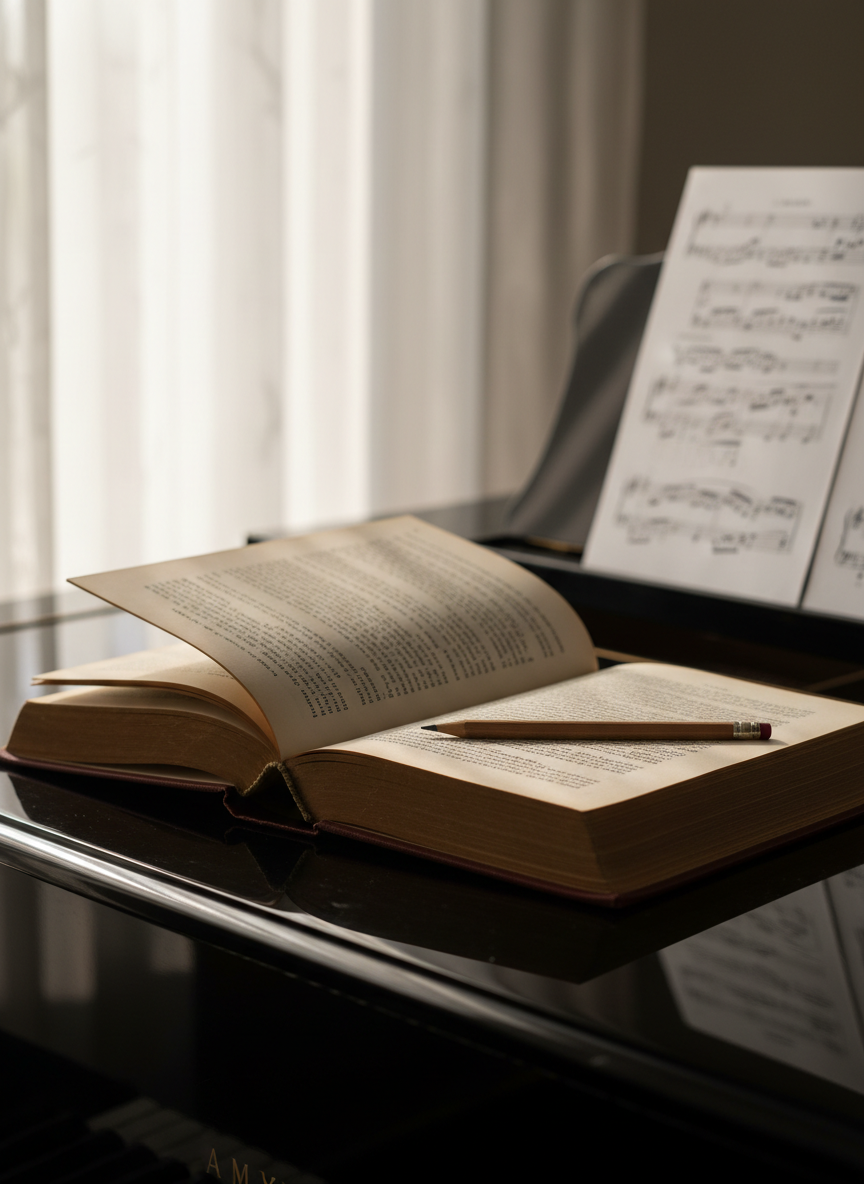 An elegant still life of a classic, slightly worn hardcover poetry anthology in deep burgundy cloth, its spine embossed with delicate gold lettering, resting atop a grand piano’s glossy black lid. A single page is fanned open, revealing dense, carefully typeset verses. A slim graphite pencil lies across the text, its tip sharpened to a precise point. Soft morning light pours through unseen sheer curtains, creating a gentle glow on the piano’s reflective surface and a subtle bokeh of blurred sheet music in the background. Photographic realism, eye-level composition with a serene, sophisticated mood, suggesting the quiet union of music and poetry.