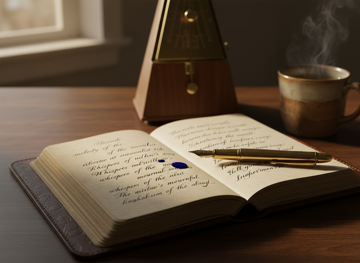 A finely crafted leather-bound notebook lies open on a dark walnut writing desk, its creamy pages filled with elegant, hand-written song lyrics and fragments of poetry. A vintage brass fountain pen rests diagonally across the page, a small pool of deep blue ink shimmering at the nib. In the background, an old-fashioned metronome and a ceramic mug of herbal tea sit slightly out of focus. Soft golden-hour light spills in from an unseen window, grazing the notebook’s texture and casting long, contemplative shadows. Photographic realism, eye-level composition with shallow depth of field, creating a sophisticated, intimate atmosphere that evokes focused, solitary songwriting and poetic reflection.